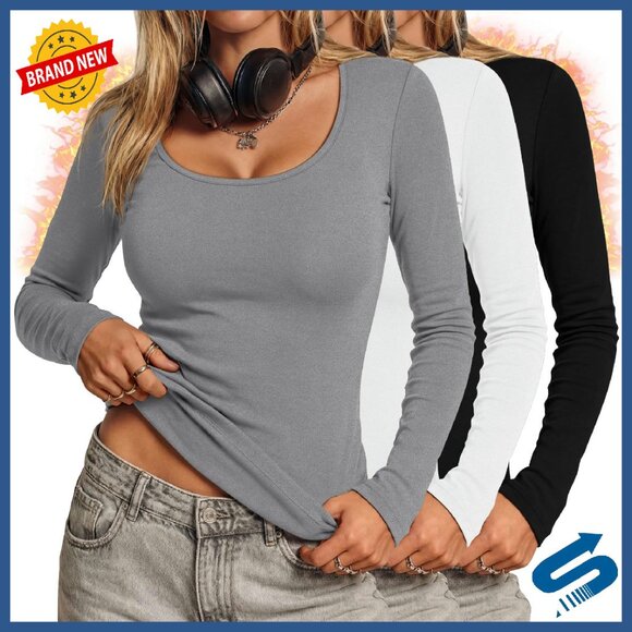 Women's Thermal Fleece Lined Long Sleeve Shirts 3 Pack Slim Fit Base Layer
